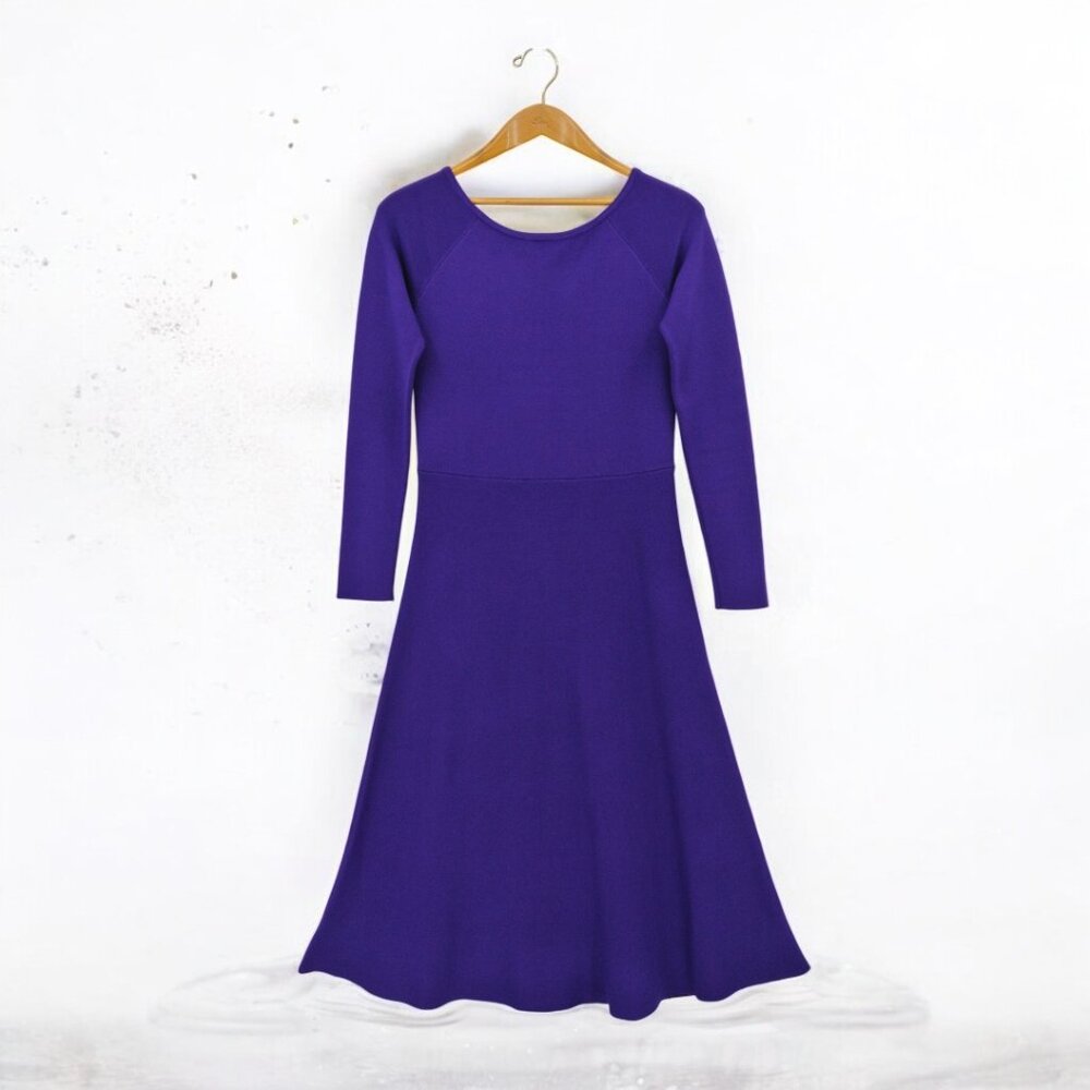 Ann Taylor Boat Neck Long Sleeve Knit Fit & Flare Purple Dress Small